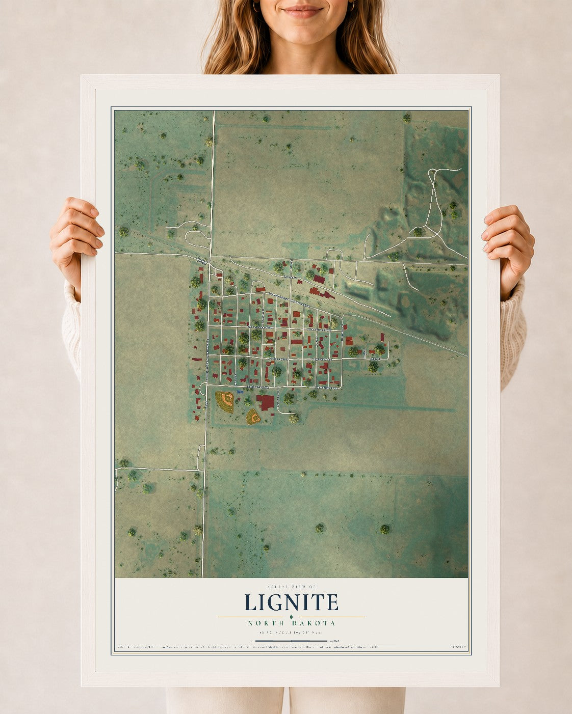 Map of Lignite, North Dakota, 24 x 36 inch print in a white wood frame