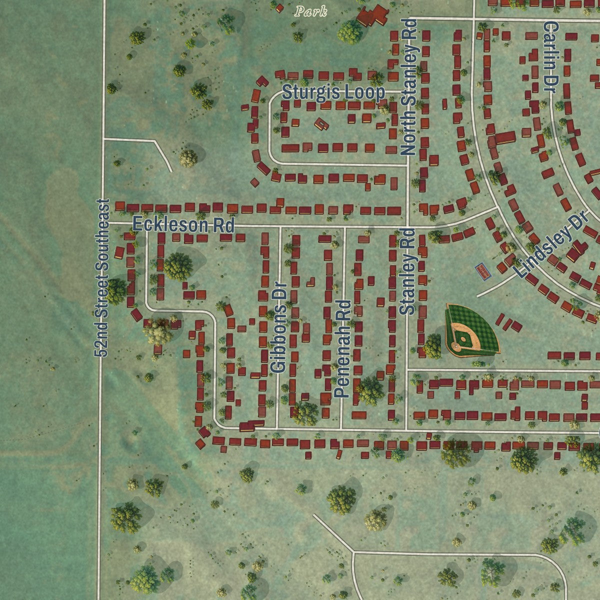 Second close-up of the map of Lincoln, North Dakota print showing more streets and buildings