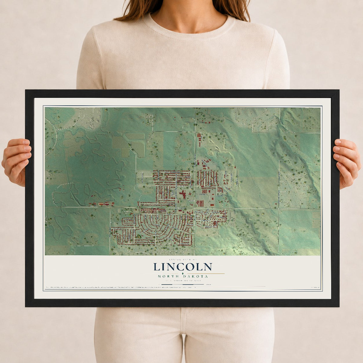 Map of Lincoln, North Dakota, 12 x 18 inch print in a black wood frame