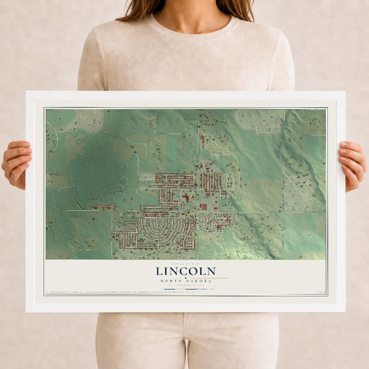 Map of Lincoln, North Dakota, 12 x 18 inch print in a white wood frame