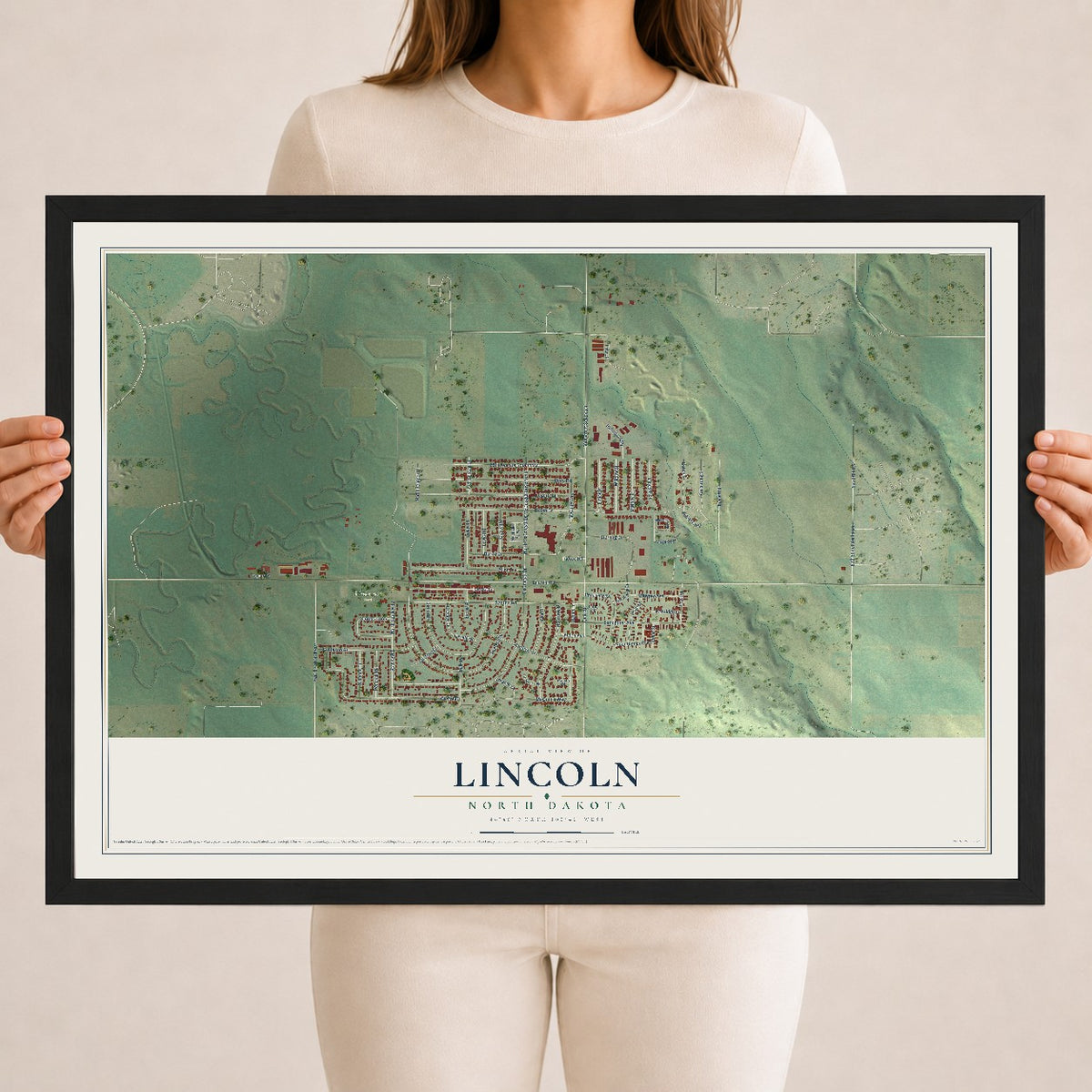 Map of Lincoln, North Dakota, 18 x 24 inch print in a black wood frame