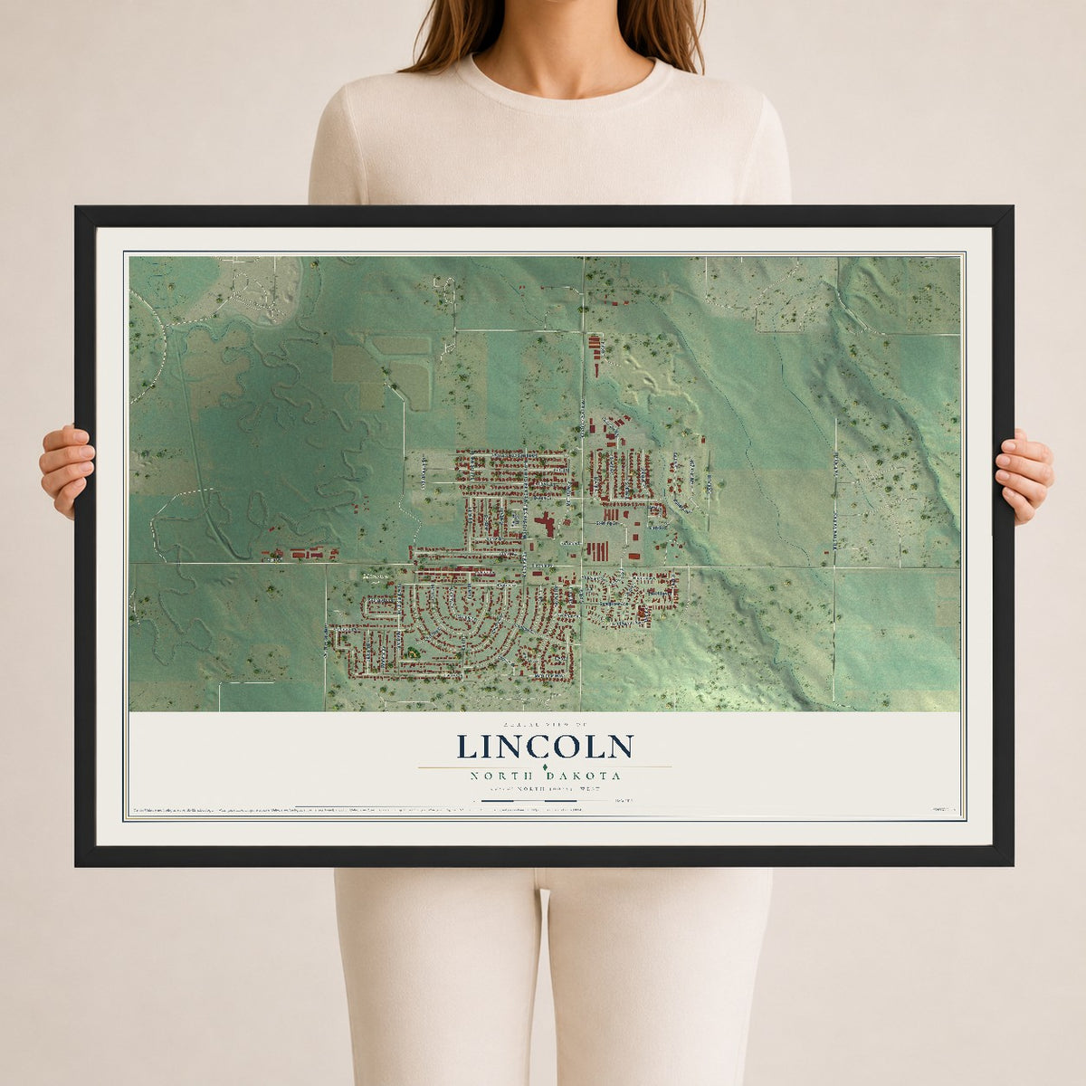 Map of Lincoln, North Dakota, 24 x 36 inch print in a black wood frame
