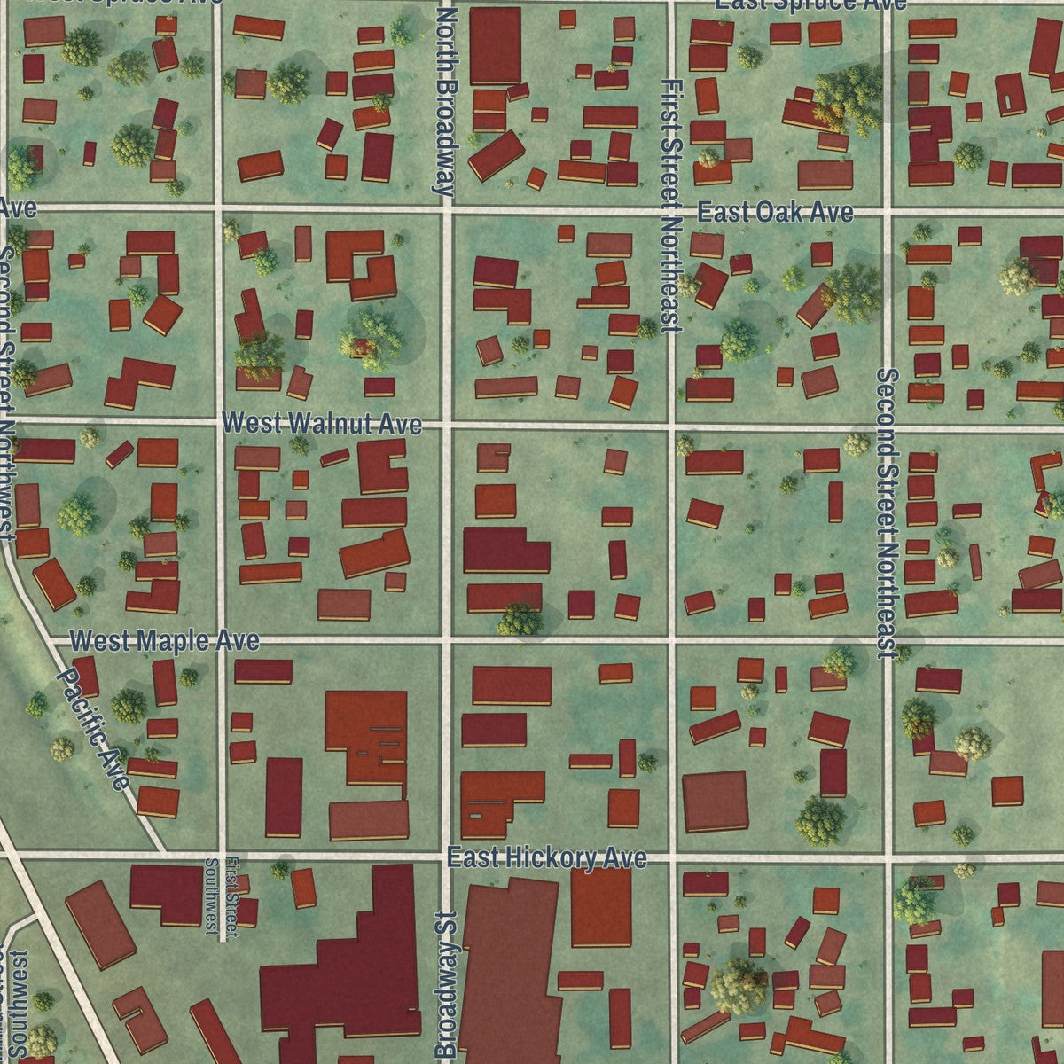 Close-up of the map of Linton, North Dakota print showing street and building detail
