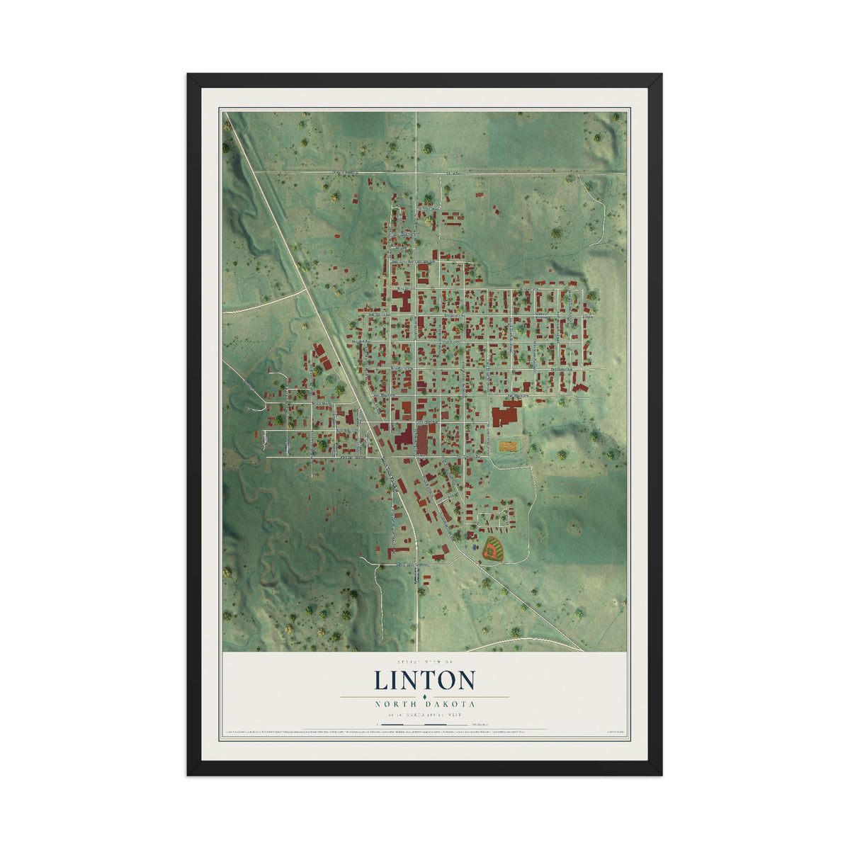 Map of Linton, North Dakota, 12 x 18 inch print in a black wood frame