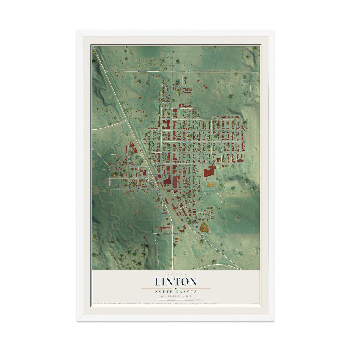 Map of Linton, North Dakota, 12 x 18 inch print in a white wood frame