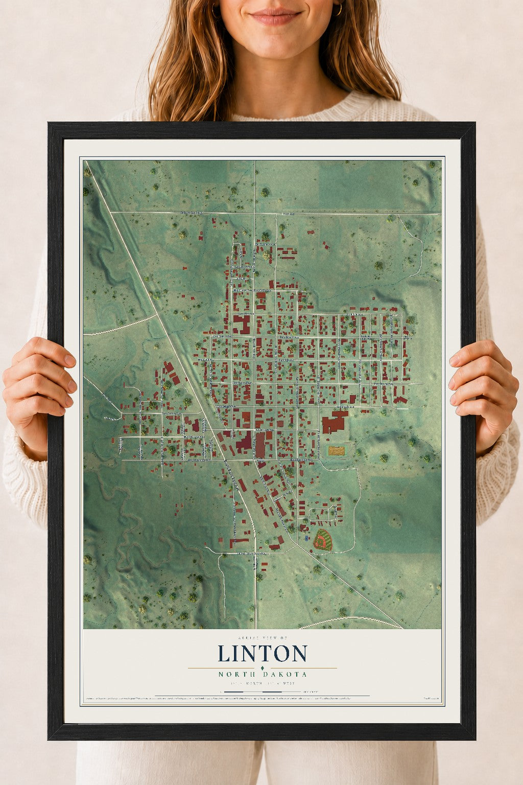 Map of Linton, North Dakota, 18 x 24 inch print in a black wood frame
