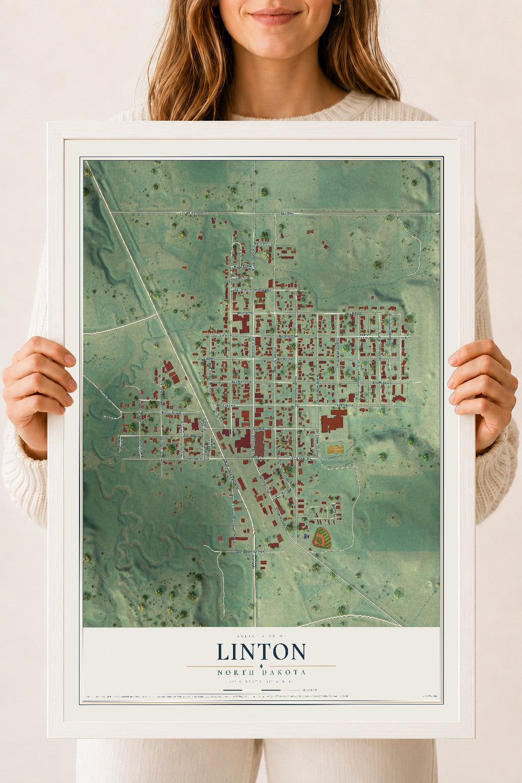 Map of Linton, North Dakota, 18 x 24 inch print in a white wood frame