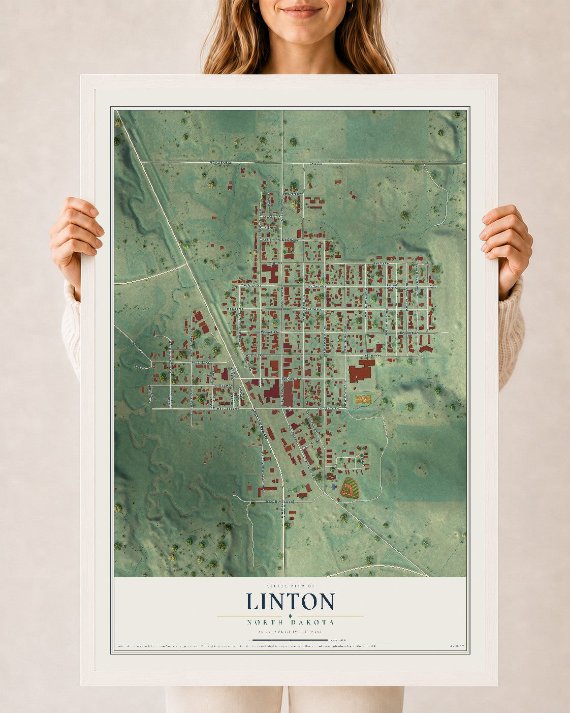 Map of Linton, North Dakota, 24 x 36 inch print in a white wood frame