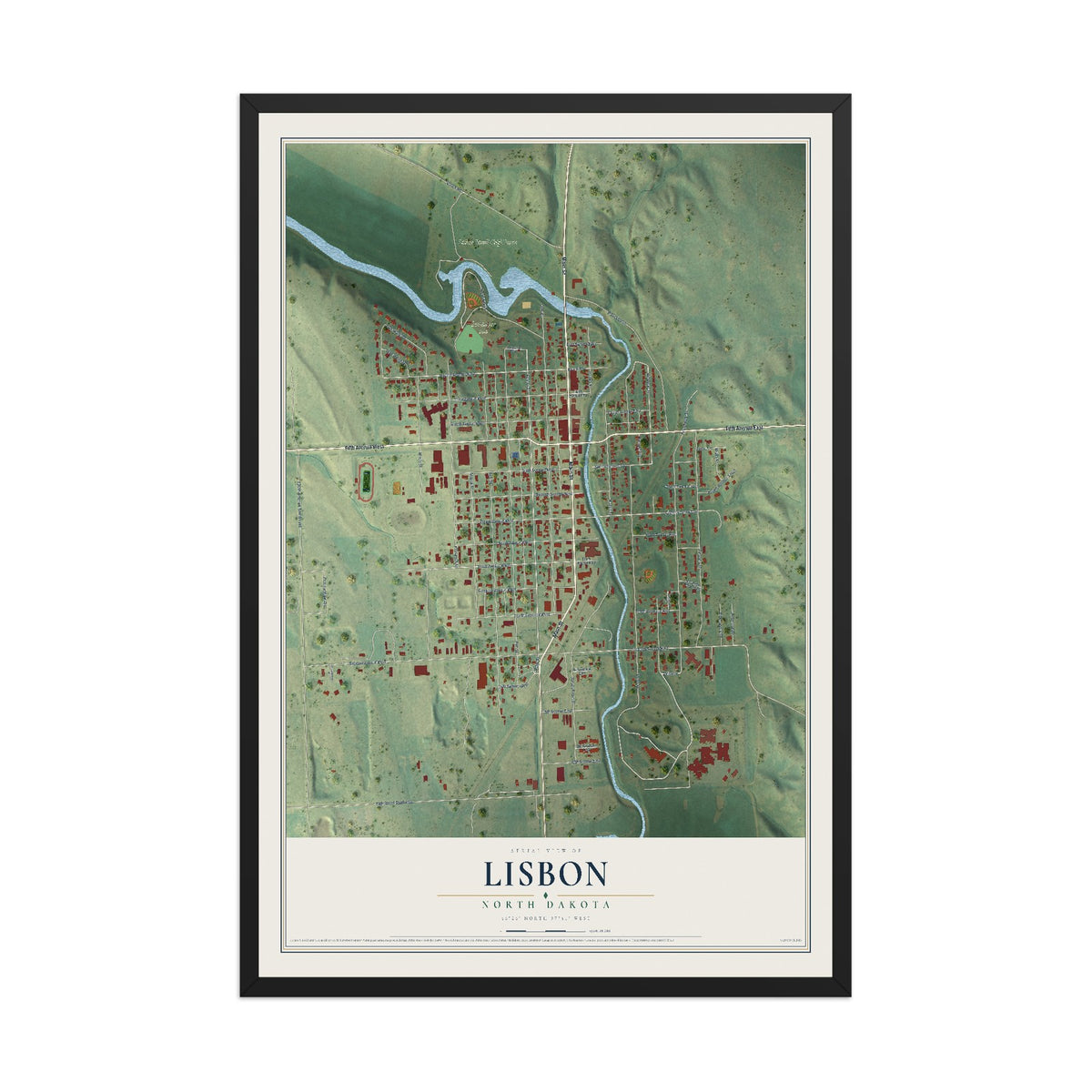 Map of Lisbon, North Dakota, 12 x 18 inch print in a black wood frame