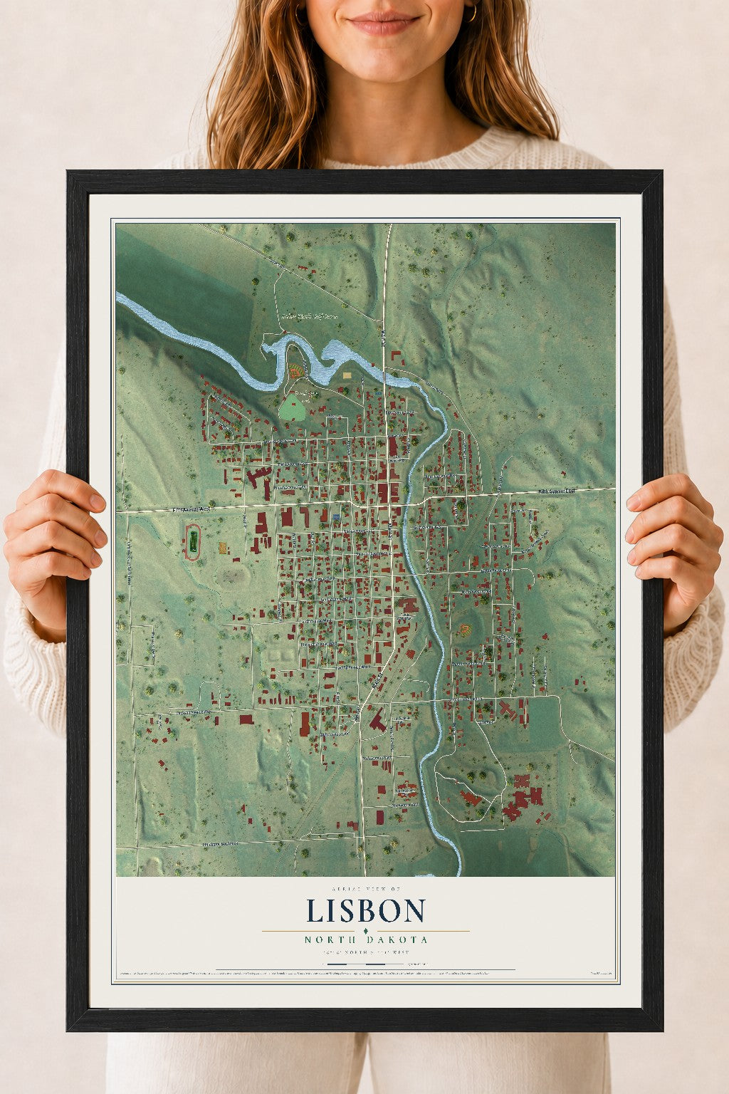 Map of Lisbon, North Dakota, 18 x 24 inch print in a black wood frame