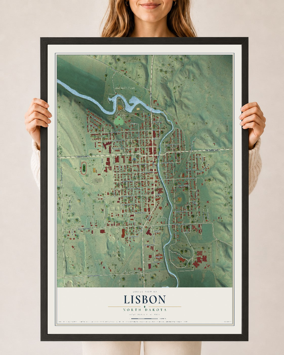 Map of Lisbon, North Dakota, 24 x 36 inch print in a black wood frame