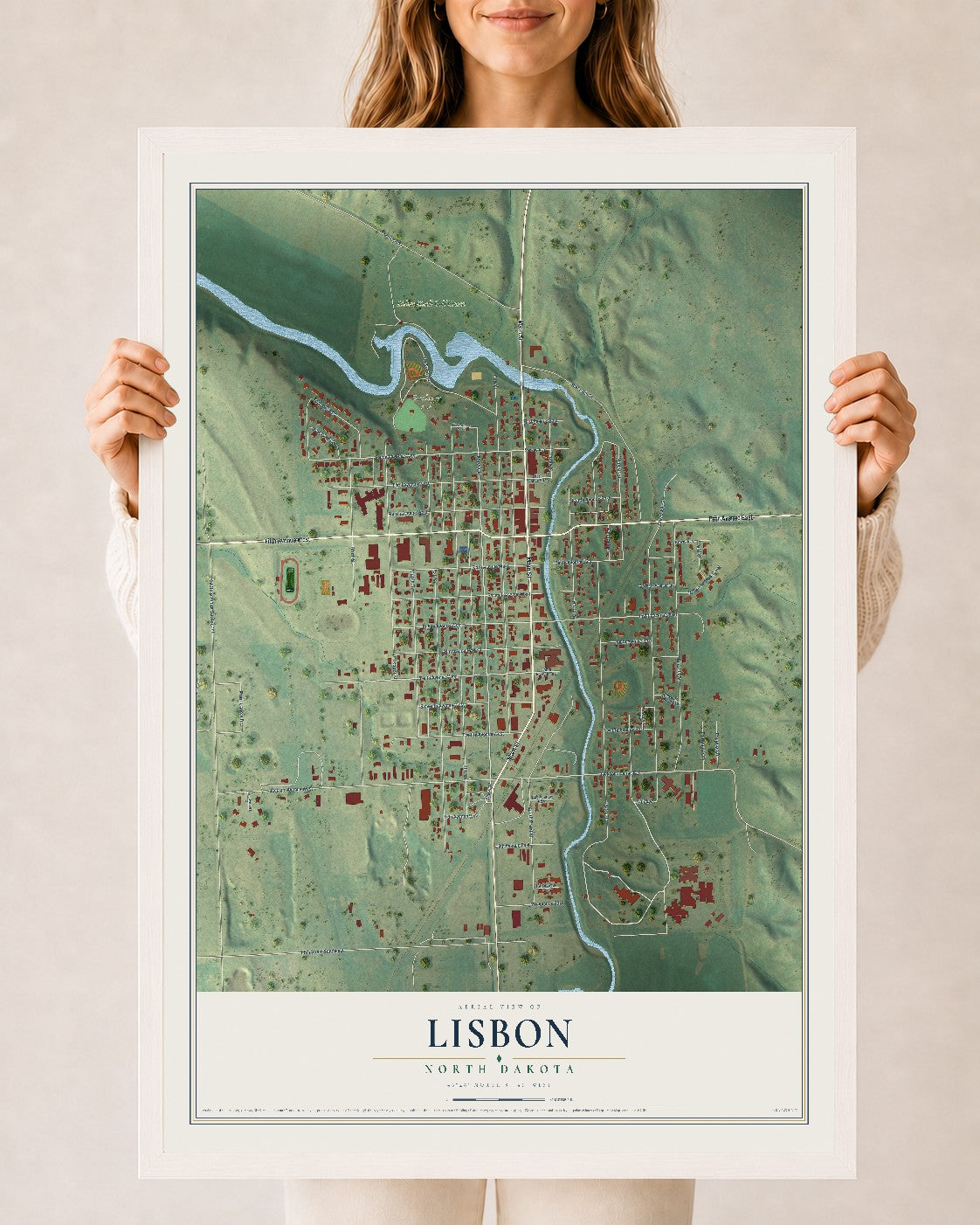 Map of Lisbon, North Dakota, 24 x 36 inch print in a white wood frame