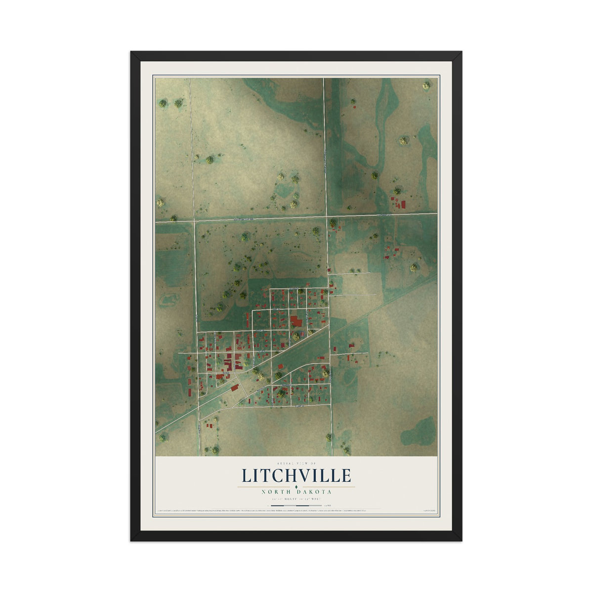 Map of Litchville, North Dakota, 12 x 18 inch print in a black wood frame