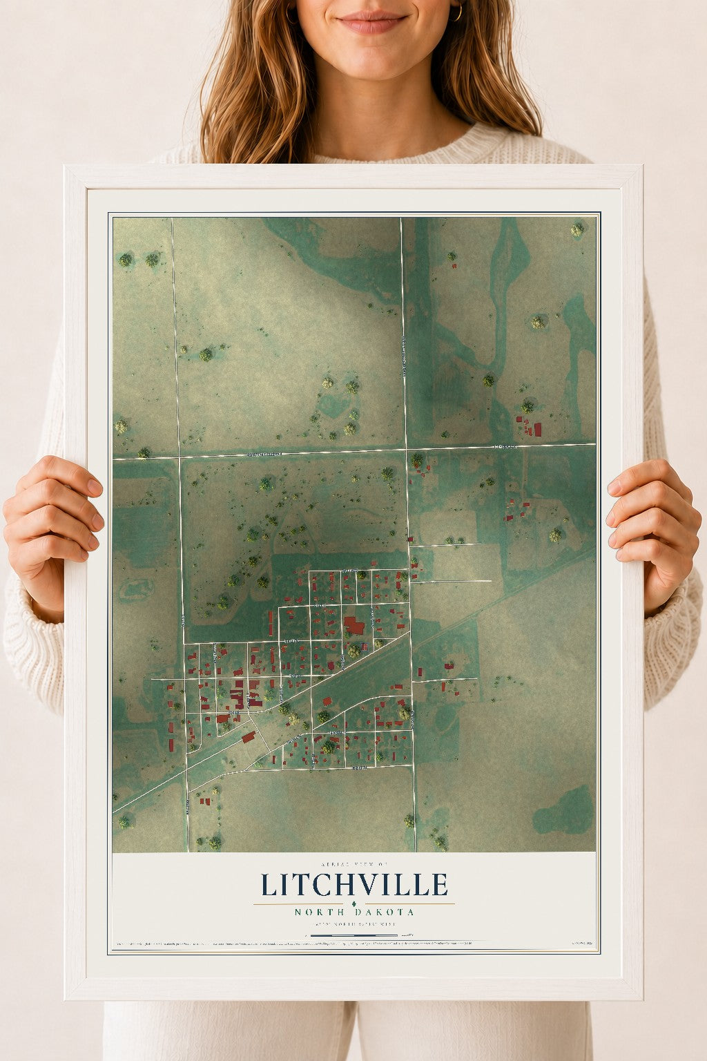 Map of Litchville, North Dakota, 18 x 24 inch print in a white wood frame