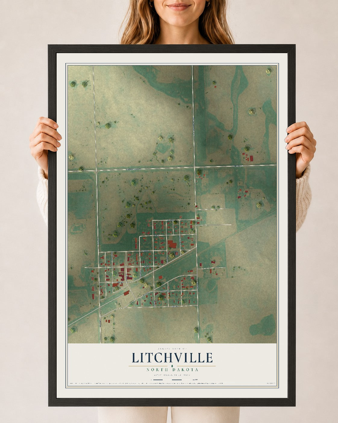 Map of Litchville, North Dakota, 24 x 36 inch print in a black wood frame