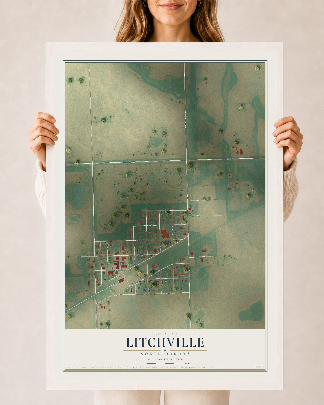 Map of Litchville, North Dakota, 24 x 36 inch print in a white wood frame