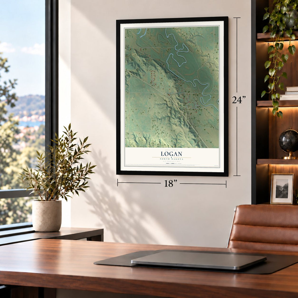 Logan, North Dakota map, 18 x 24 inch print in a black frame in a home office