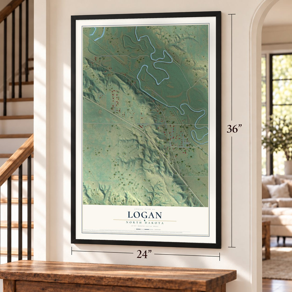 Logan, North Dakota map, 24 x 36 inch print in a black frame by a staircase