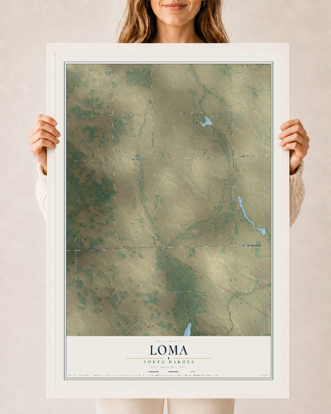 Map of Loma, North Dakota, 24 x 36 inch print in a white wood frame