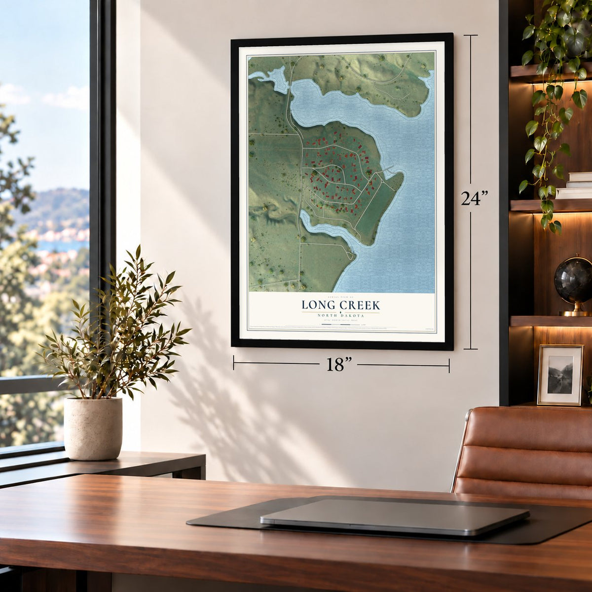 Long Creek, North Dakota map, 18 x 24 inch print in a black frame in a home office