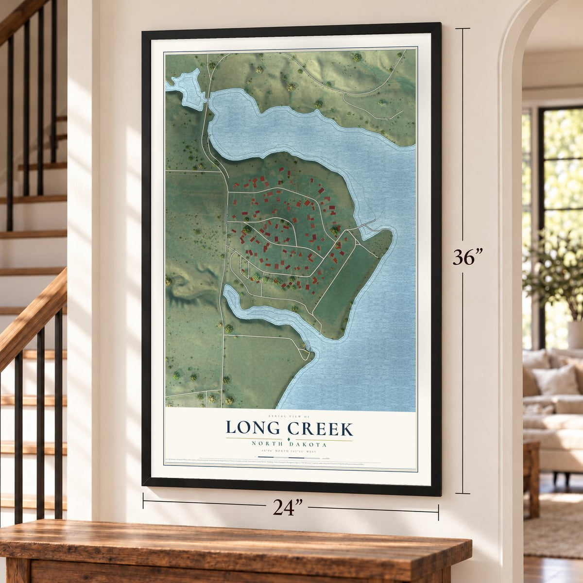 Long Creek, North Dakota map, 24 x 36 inch print in a black frame by a staircase