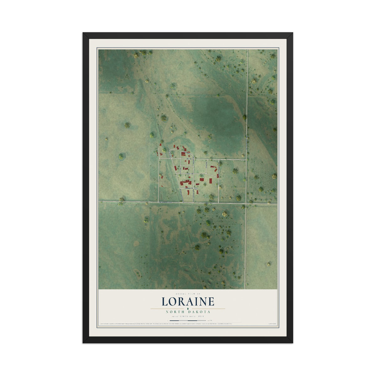 Map of Loraine, North Dakota, 12 x 18 inch print in a black wood frame