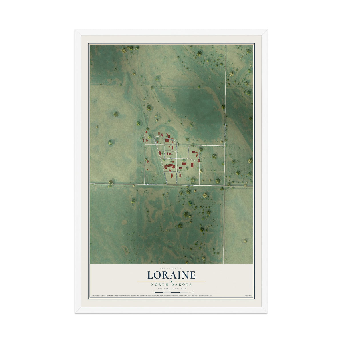 Map of Loraine, North Dakota, 12 x 18 inch print in a white wood frame