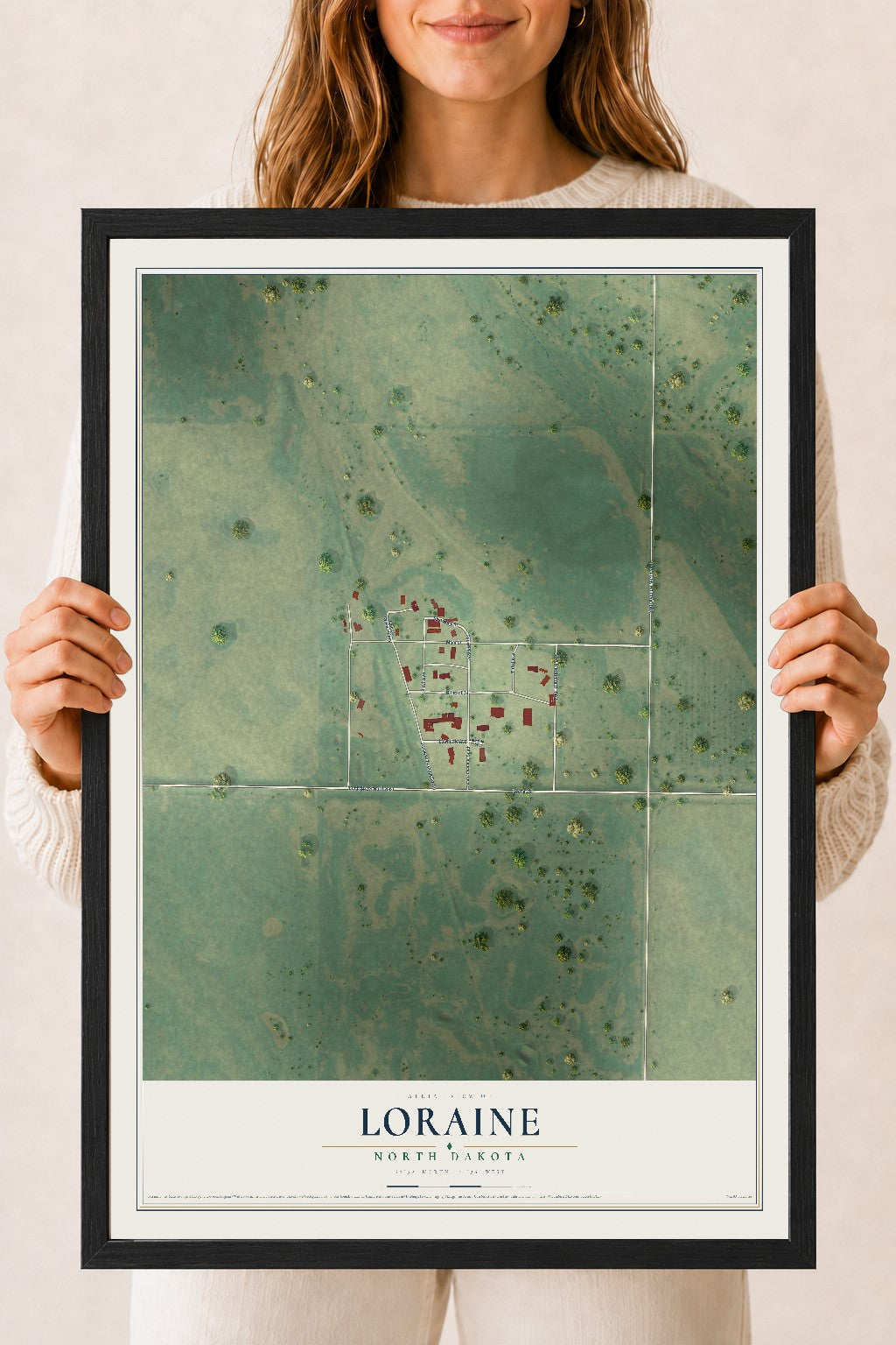 Map of Loraine, North Dakota, 18 x 24 inch print in a black wood frame