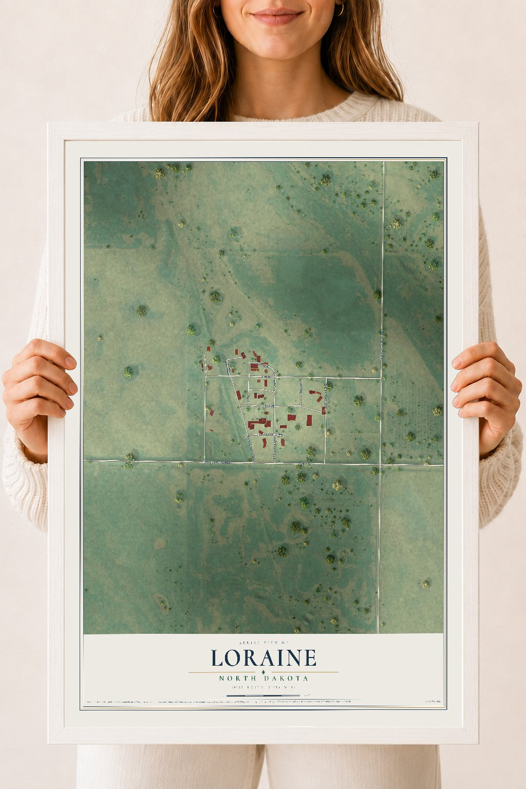 Map of Loraine, North Dakota, 18 x 24 inch print in a white wood frame