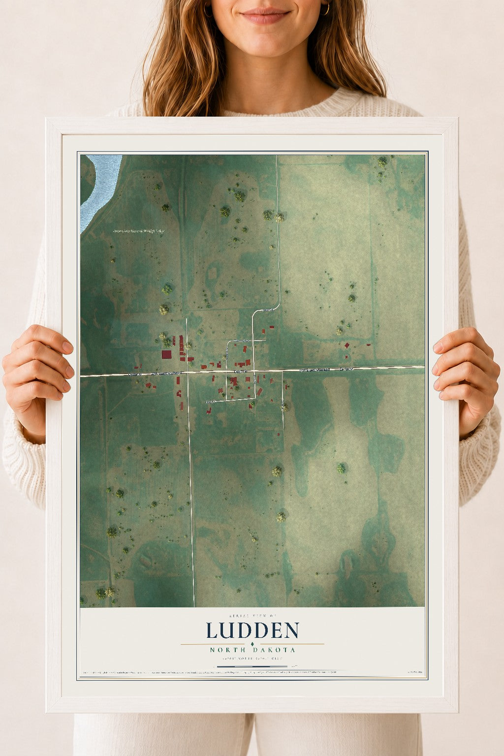Map of Ludden, North Dakota, 18 x 24 inch print in a white wood frame