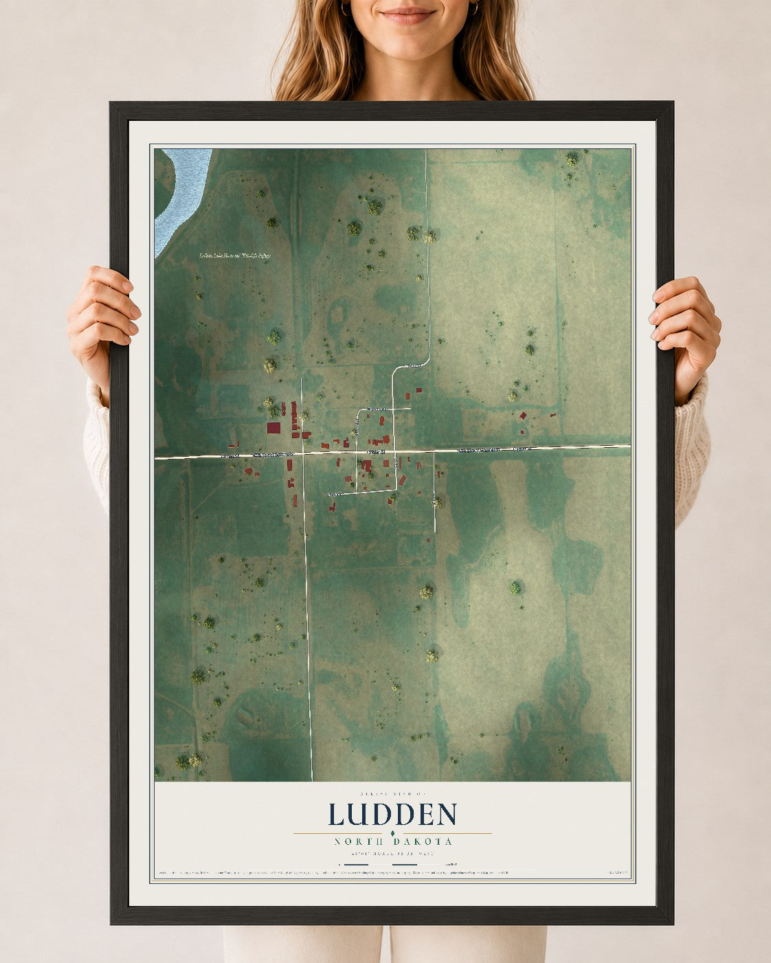 Map of Ludden, North Dakota, 24 x 36 inch print in a black wood frame