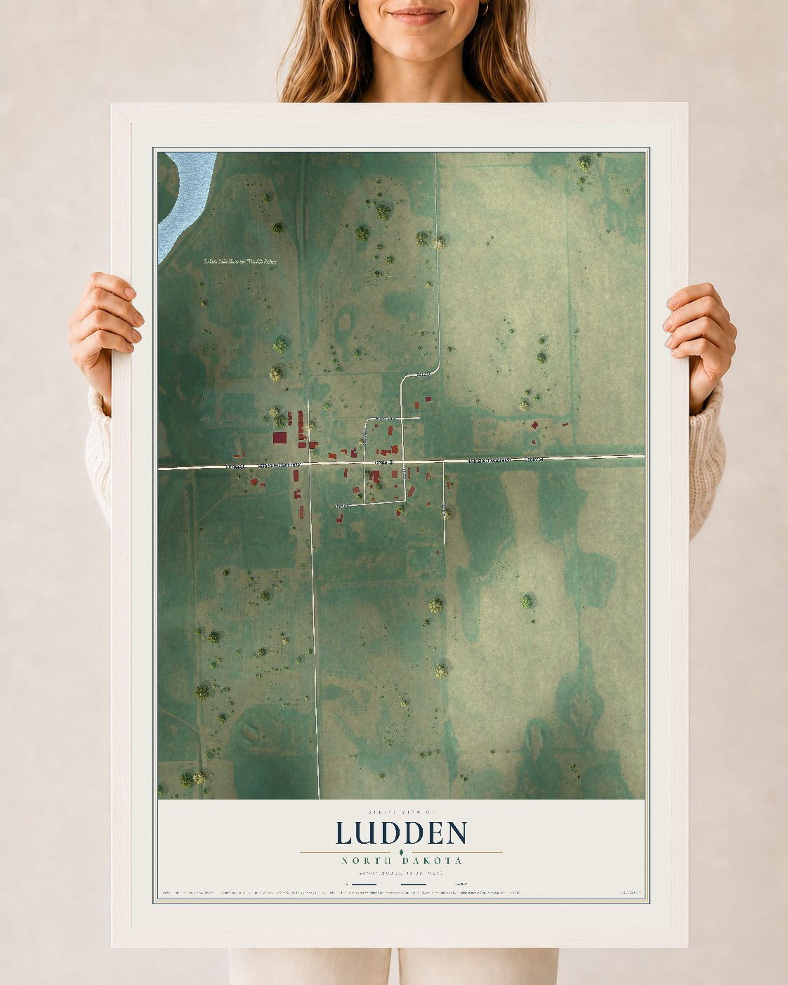 Map of Ludden, North Dakota, 24 x 36 inch print in a white wood frame