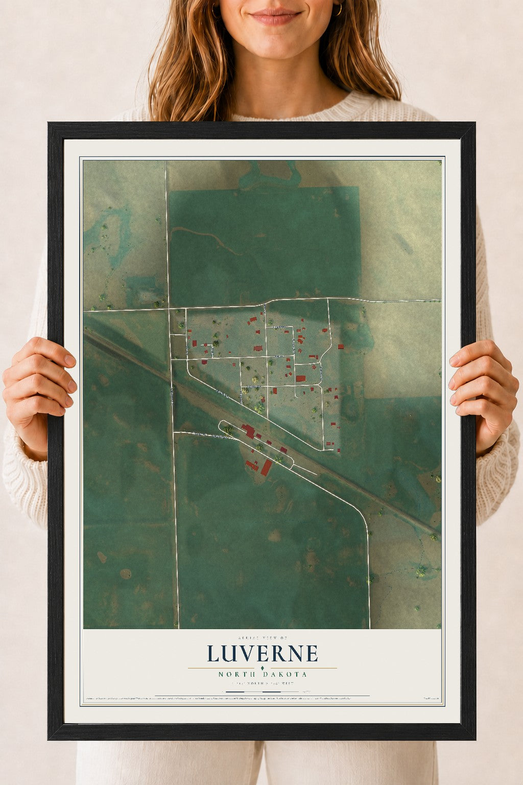 Map of Luverne, North Dakota, 18 x 24 inch print in a black wood frame