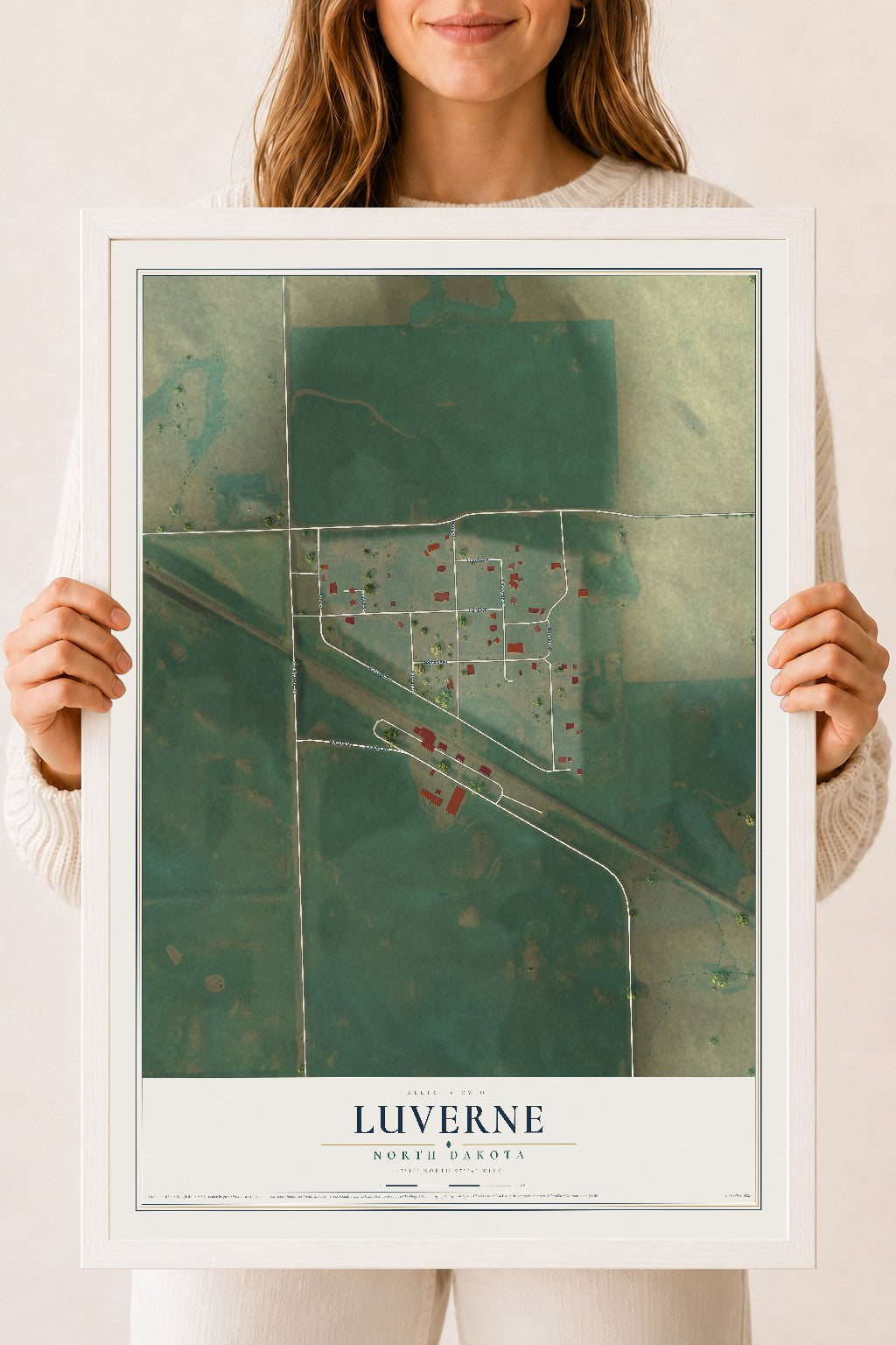 Map of Luverne, North Dakota, 18 x 24 inch print in a white wood frame