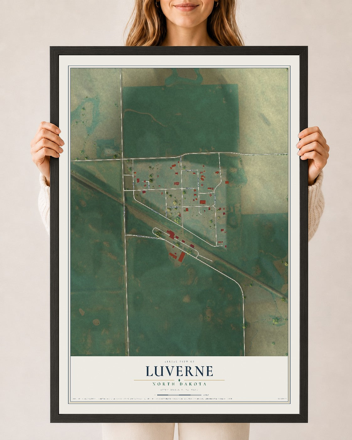 Map of Luverne, North Dakota, 24 x 36 inch print in a black wood frame