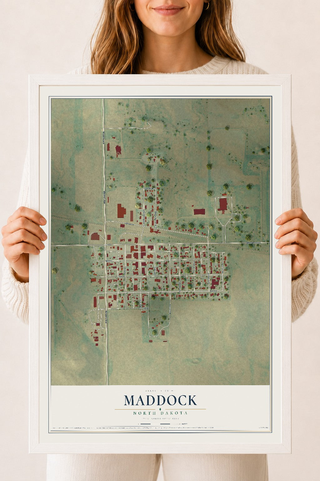 Map of Maddock, North Dakota, 18 x 24 inch print in a white wood frame