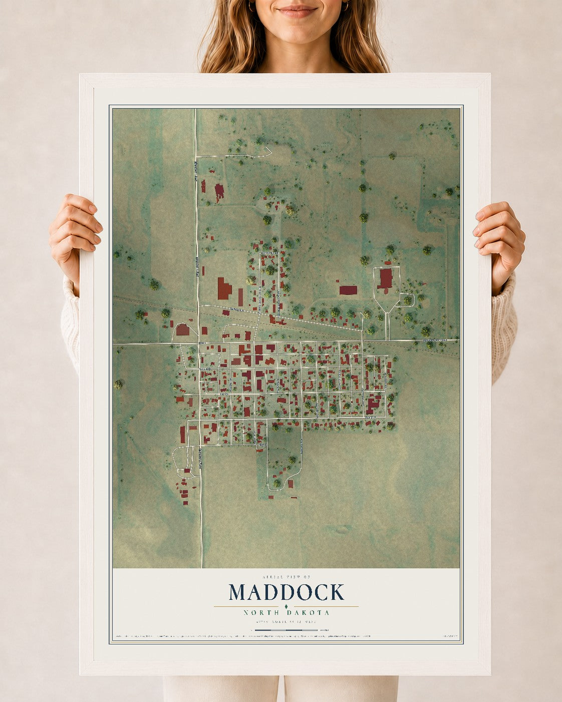 Map of Maddock, North Dakota, 24 x 36 inch print in a white wood frame