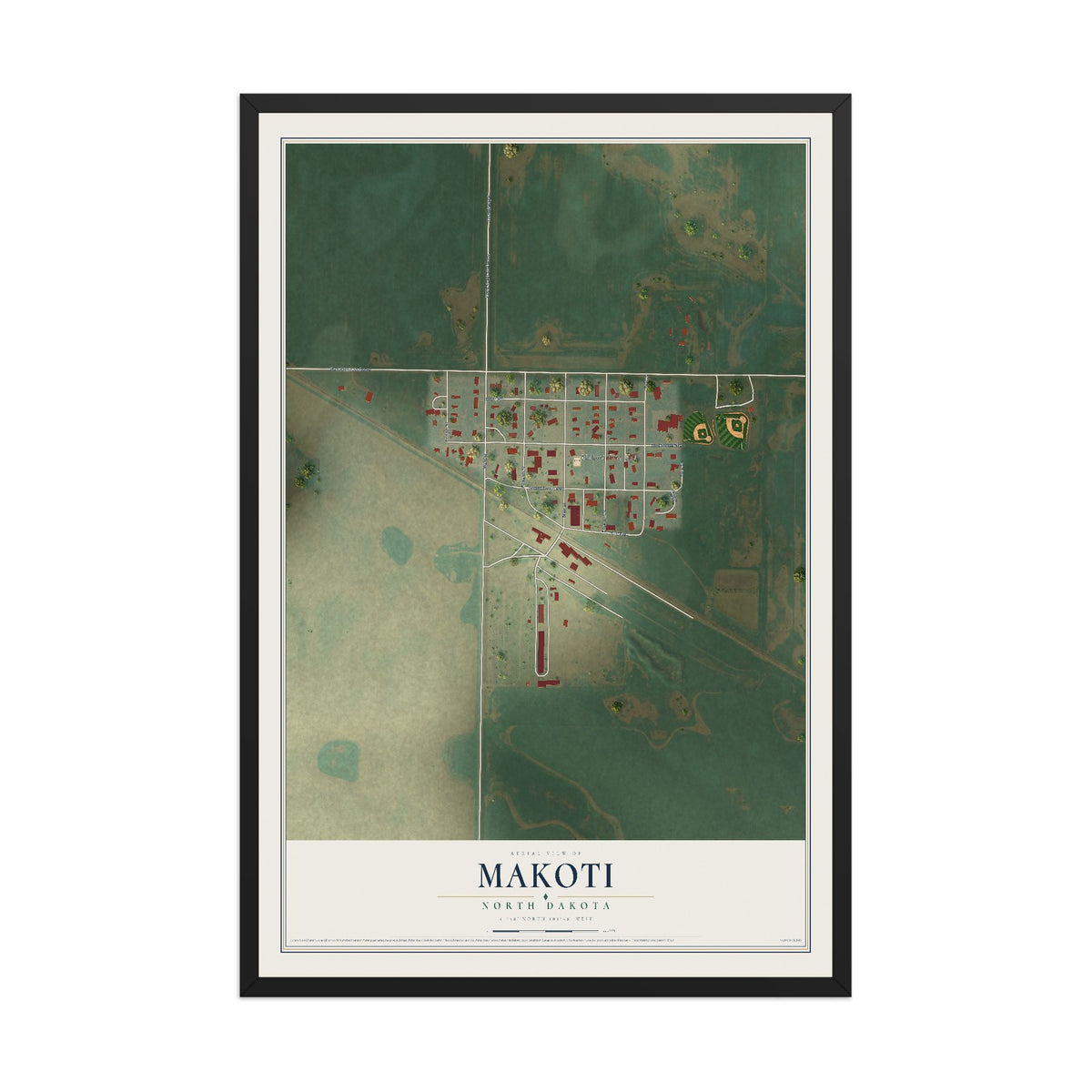 Map of Makoti, North Dakota, 12 x 18 inch print in a black wood frame