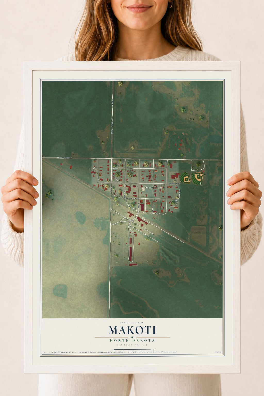 Map of Makoti, North Dakota, 18 x 24 inch print in a white wood frame