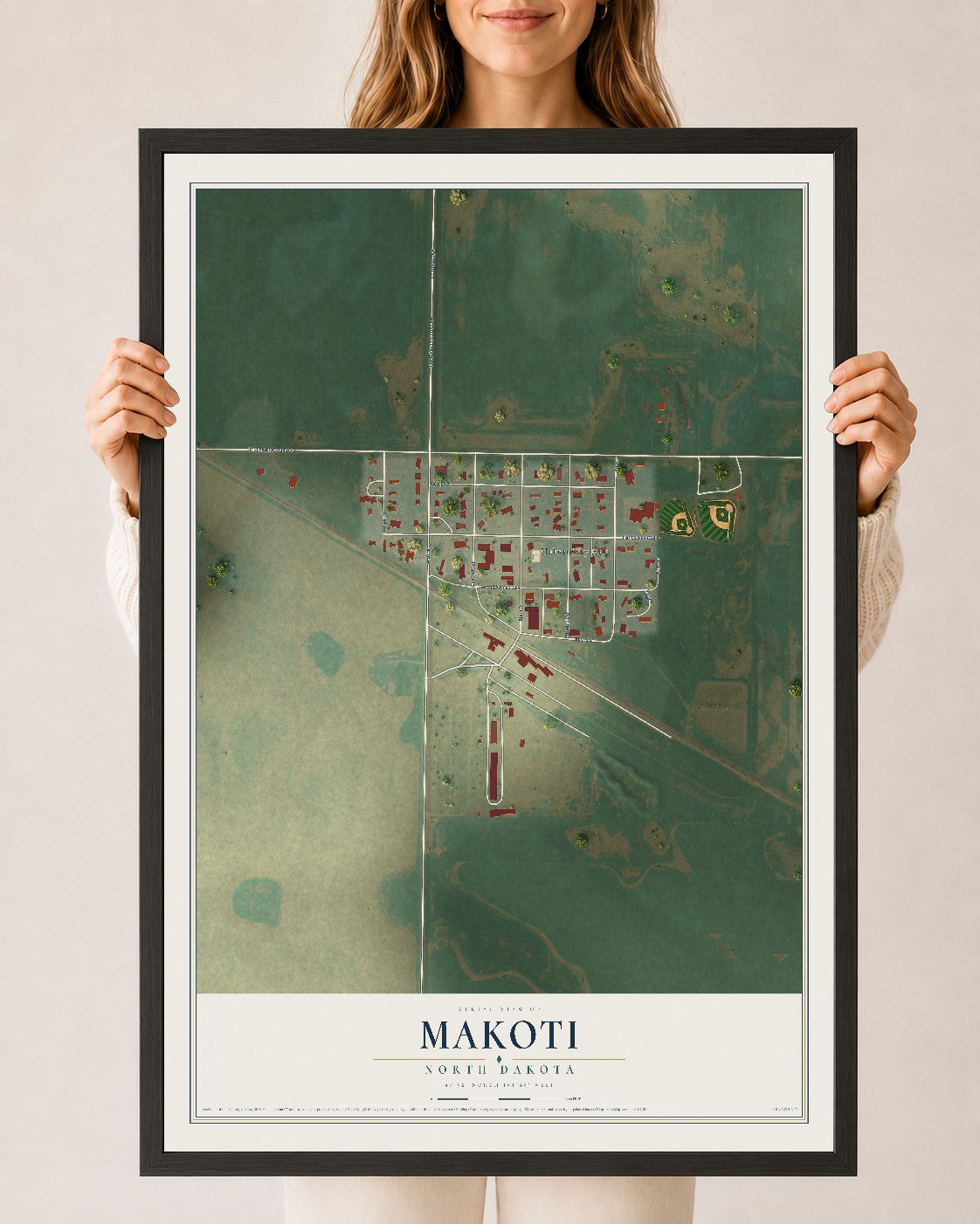 Map of Makoti, North Dakota, 24 x 36 inch print in a black wood frame