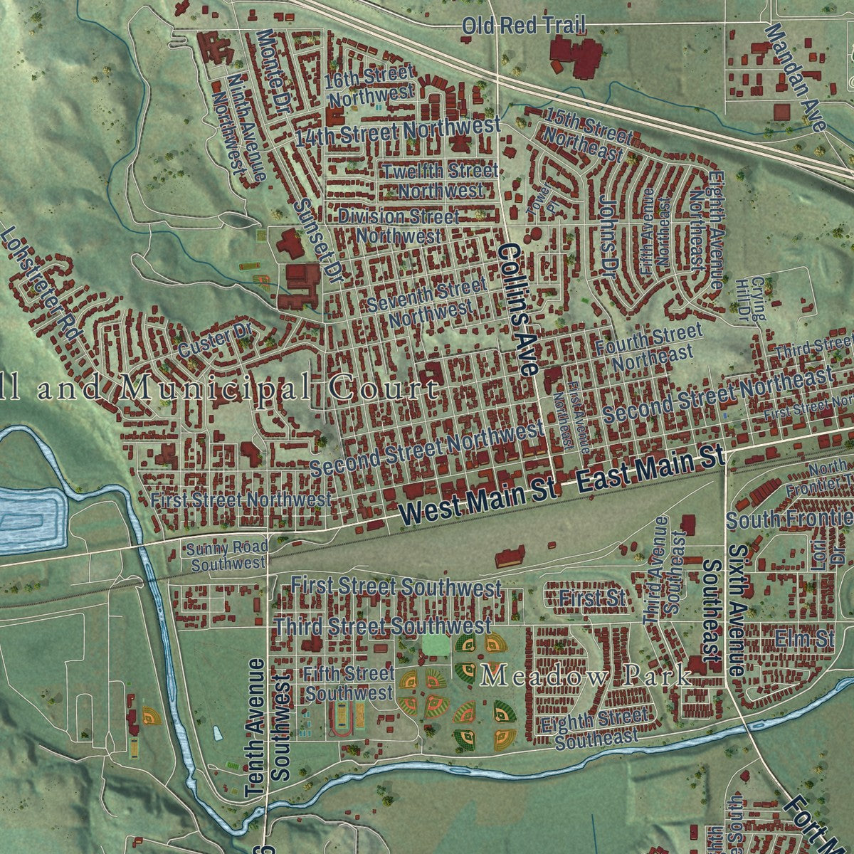 Close-up of the map of Mandan, North Dakota print showing street and building detail