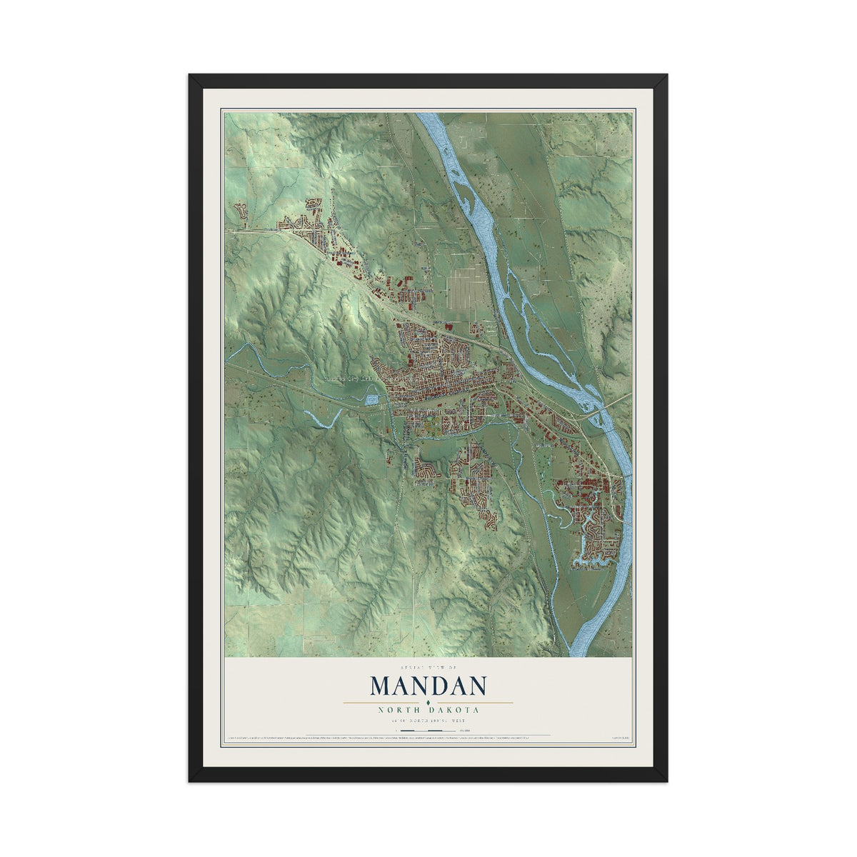 Map of Mandan, North Dakota, 12 x 18 inch print in a black wood frame