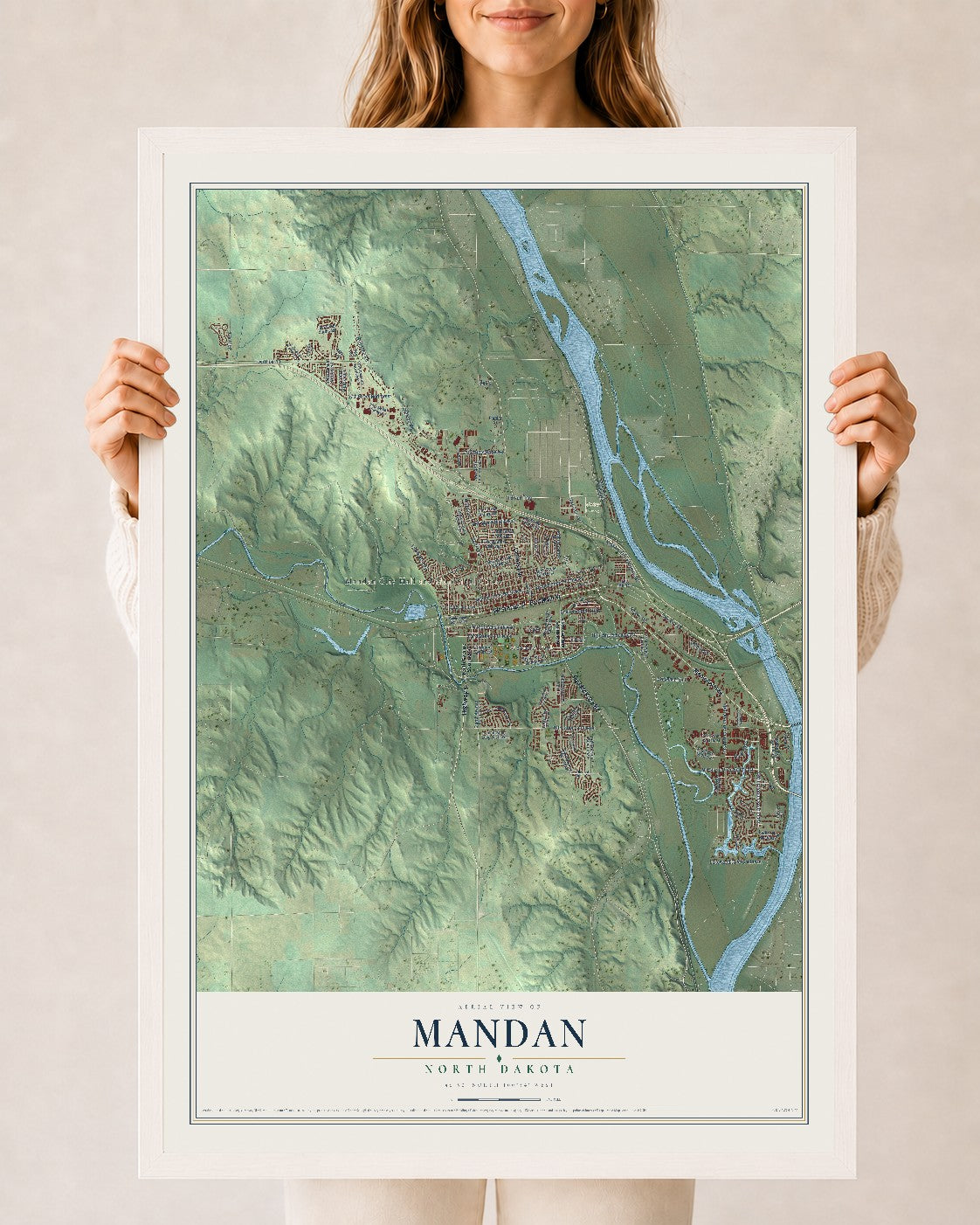 Map of Mandan, North Dakota, 24 x 36 inch print in a white wood frame