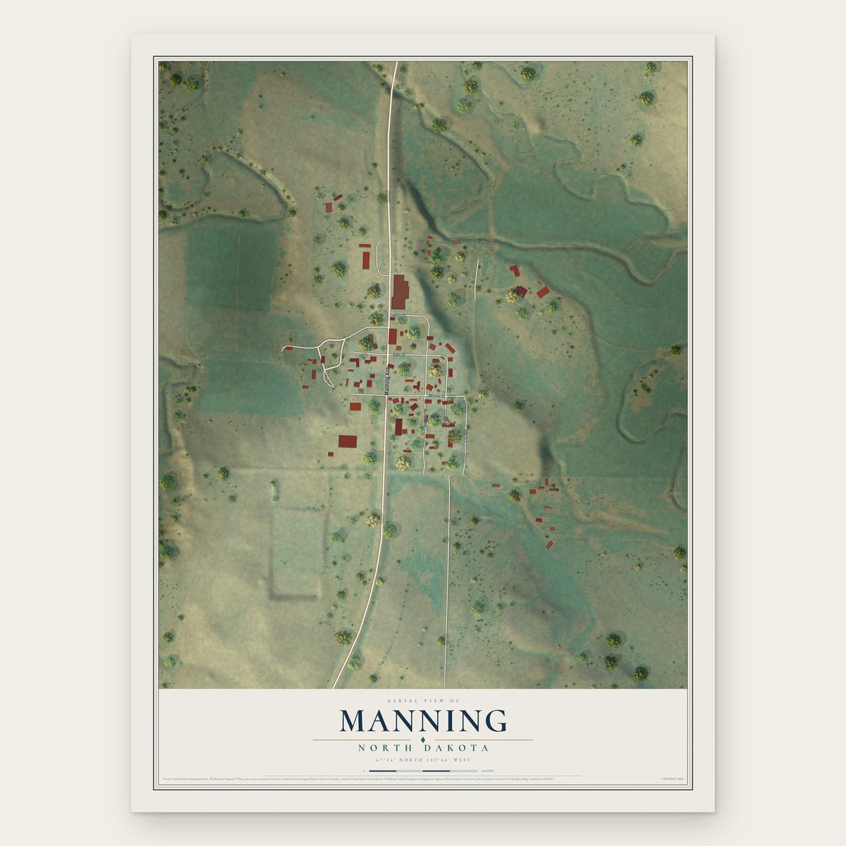 Manning, North Dakota map print, the full design