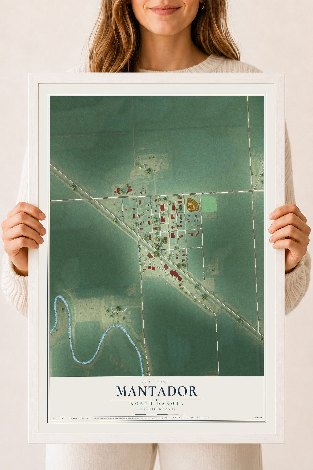 Map of Mantador, North Dakota, 18 x 24 inch print in a white wood frame