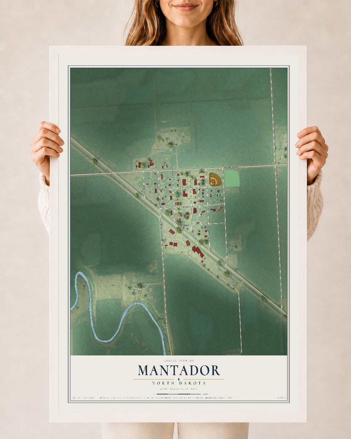 Map of Mantador, North Dakota, 24 x 36 inch print in a white wood frame