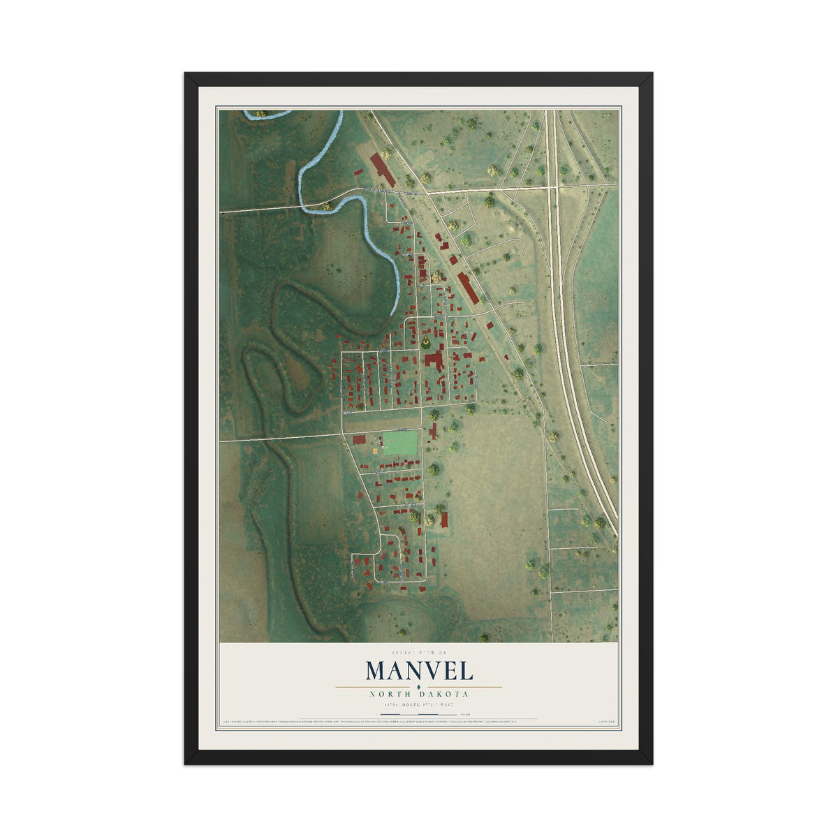 Map of Manvel, North Dakota, 12 x 18 inch print in a black wood frame