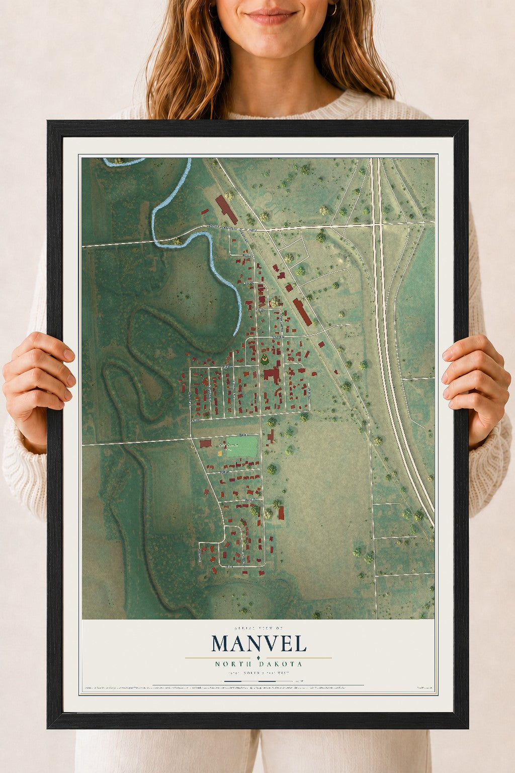 Map of Manvel, North Dakota, 18 x 24 inch print in a black wood frame