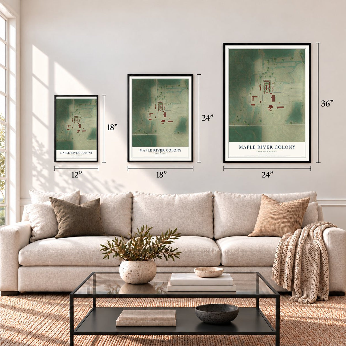 Maple River Colony, North Dakota map in 12 x 18, 18 x 24 and 24 x 36 inch sizes above a sofa