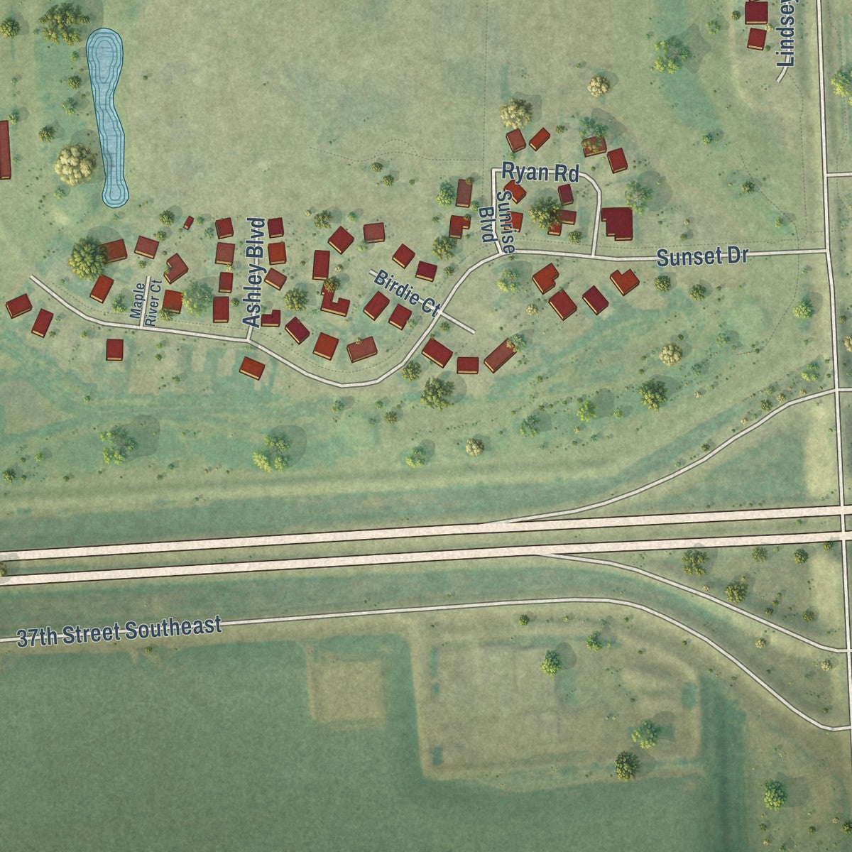 Second close-up of the map of Mapleton, North Dakota print showing more streets and buildings